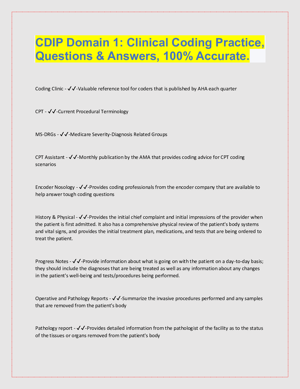Preview of CDIP Domain 1: Clinical Coding Practice,  Questions & Answers, 100% Accurate.